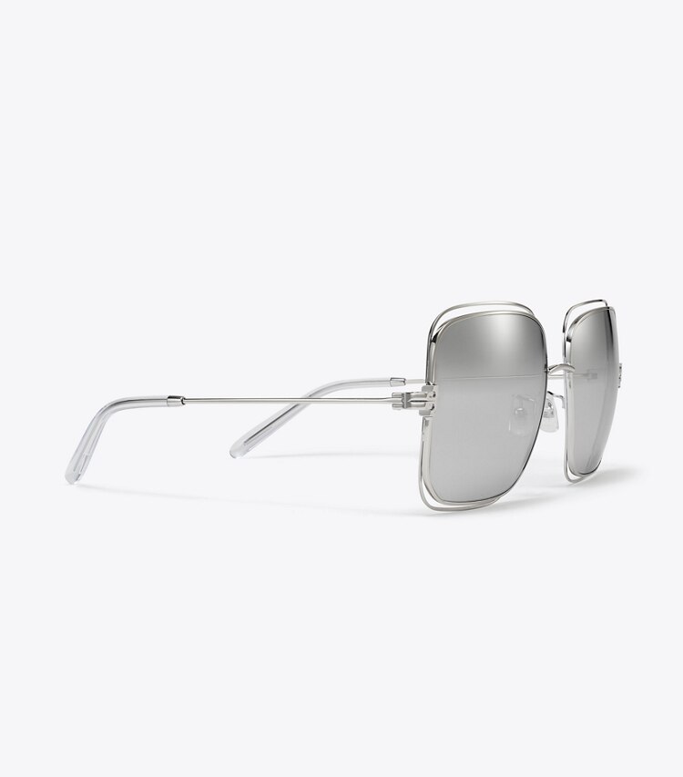 Tory Burch designer sunglasses & eyewear Eleanor Oversized Metal Square Sunglasses in SILVER/LIGHT GREY MIRROR detail