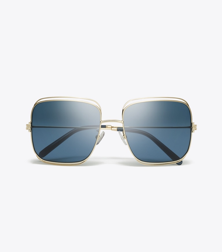 Tory Burch designer sunglasses & eyewear Eleanor Oversized Metal Square Sunglasses in SHINY LIGHT GOLD/DARK BLUE front