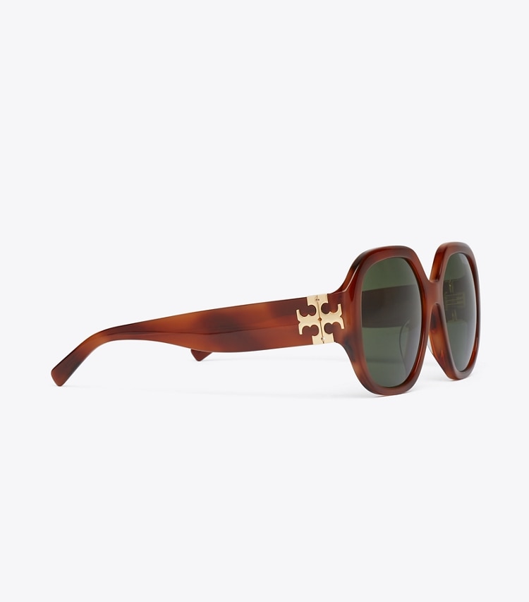 Tory Burch designer sunglasses & eyewear Eleanor Oversized Round Sunglasses in AMBER TORTOISE/GREEN detail