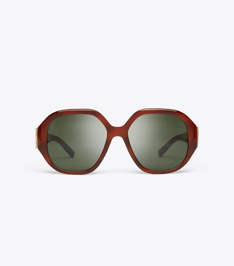 Tory Burch designer sunglasses & eyewear Eleanor Oversized Round Sunglasses in AMBER TORTOISE/GREEN front