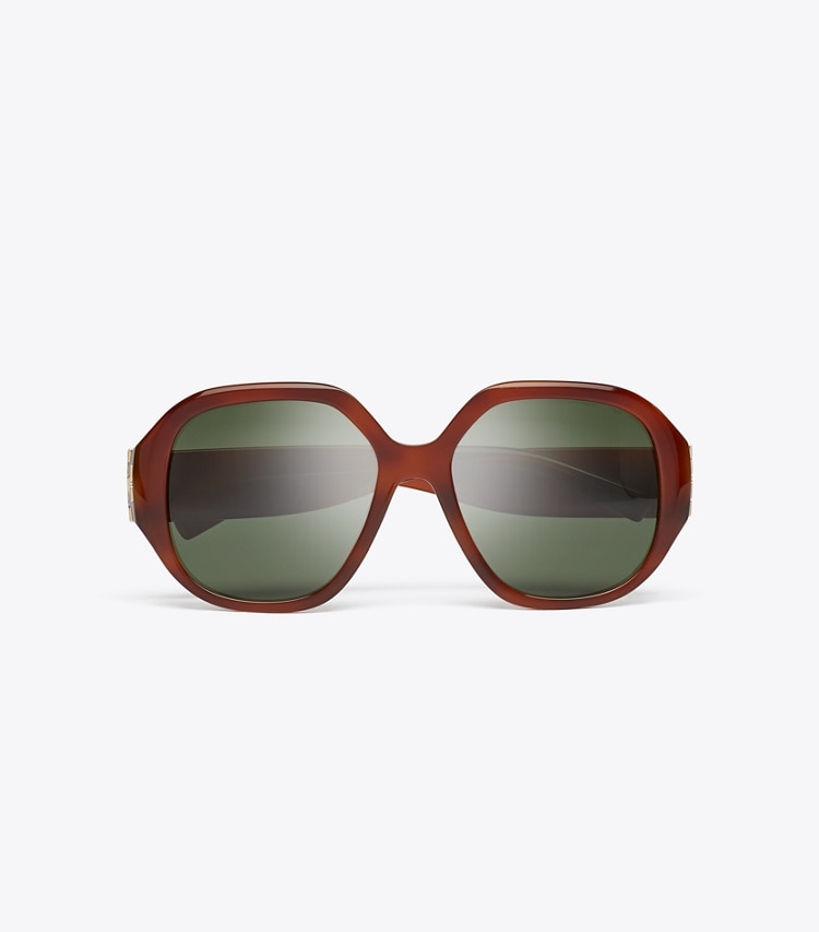 Tory Burch designer sunglasses & eyewear Eleanor Oversized Round Sunglasses in AMBER TORTOISE/GREEN overhead