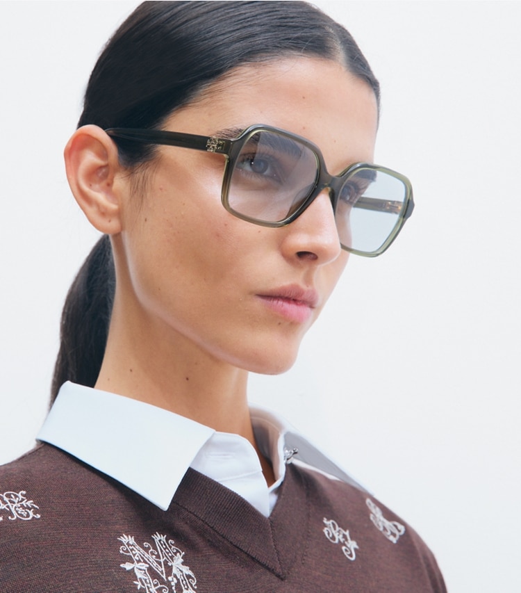 Tory Burch designer sunglasses & eyewear Eleanor Oversized Square Eyeglasses in TRANSPARENT OLIVE accessory on model
