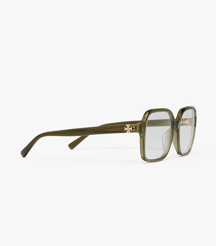Tory Burch designer sunglasses & eyewear Eleanor Oversized Square Eyeglasses in TRANSPARENT OLIVE detail