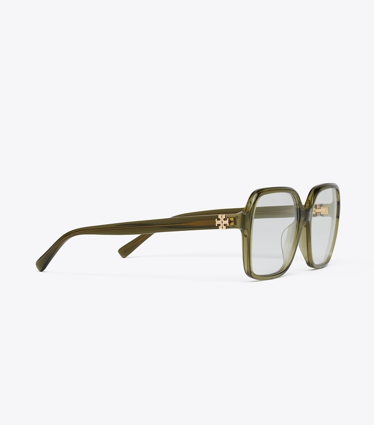 Tory Burch designer sunglasses & eyewear Eleanor Oversized Square Eyeglasses in TRANSPARENT OLIVE detail