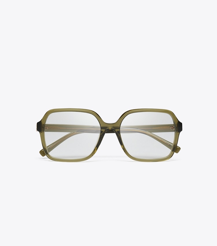 Tory Burch designer sunglasses & eyewear Eleanor Oversized Square Eyeglasses in TRANSPARENT OLIVE overhead