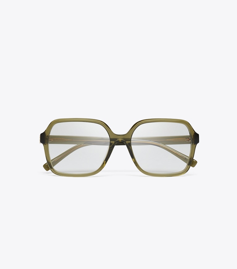 Tory Burch designer sunglasses & eyewear Eleanor Oversized Square Eyeglasses in TRANSPARENT OLIVE overhead