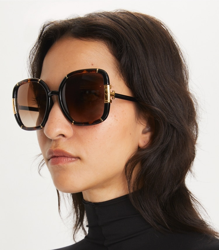 Tory Burch designer sunglasses & eyewear Eleanor Oversized Square Sunglasses in CAMEL accessory on model