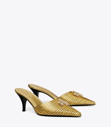 Tory Burch designer heels Eleanor Pavé Bombe Mule in GOLD RUSH angle