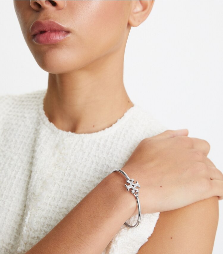 Tory Burch designer bracelets Eleanor Pavé Hinged Cuff in Rolled Brass / Crystal accessory on model