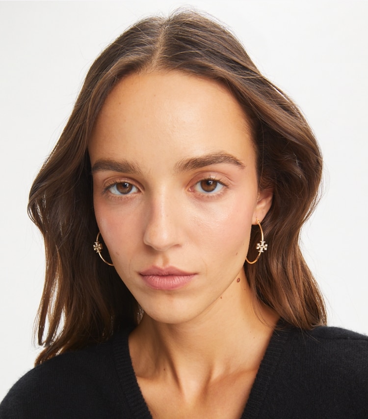 Tory Burch designer earrings Eleanor Pavé Hoop Earring in Tory Gold / Crystal accessory on model