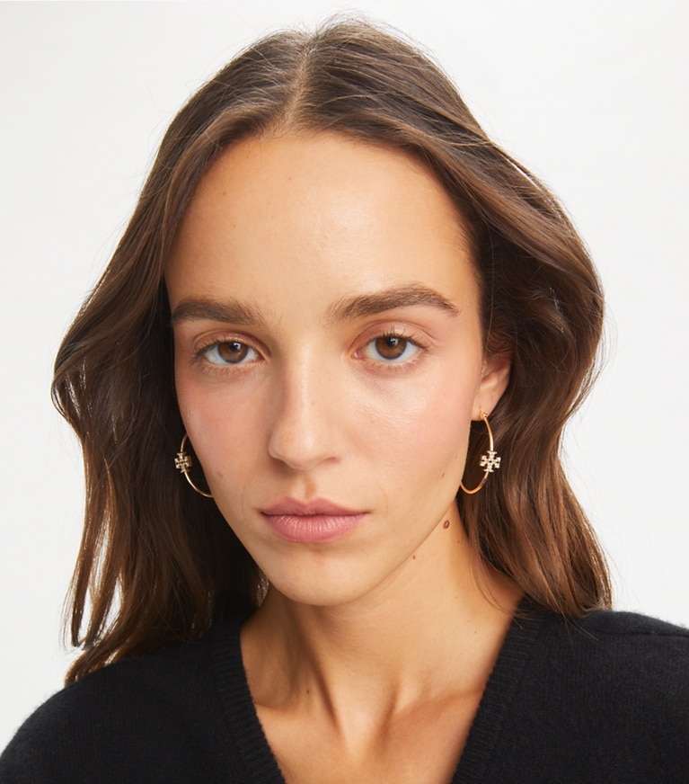 Tory Burch designer earrings Eleanor Pavé Hoop Earring in Tory Gold / Crystal front