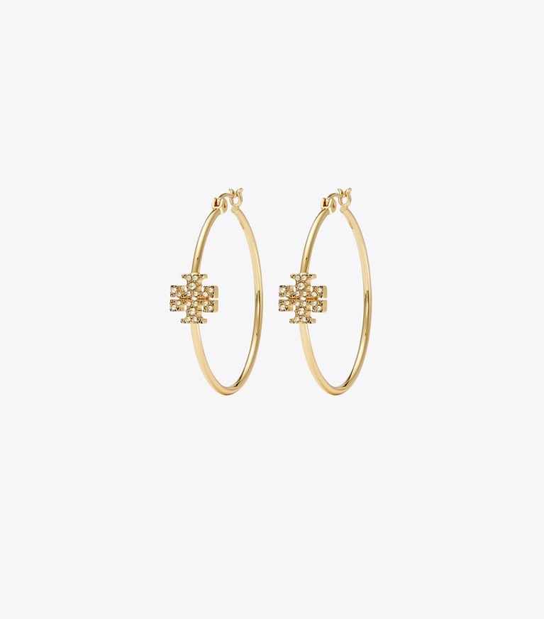 Tory Burch designer earrings Eleanor Pavé Hoop Earring in Tory Gold / Crystal front