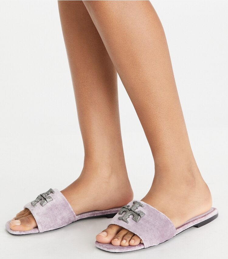 Tory Burch designer sandals Eleanor Pavé Slide in LILAC accessory on model