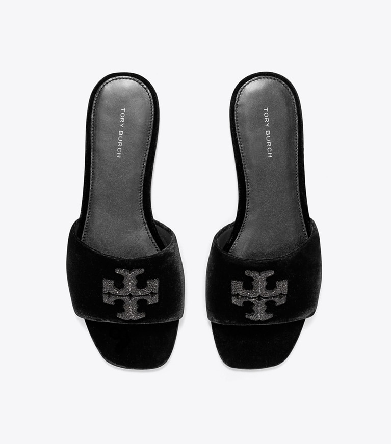 Tory Burch designer sandals Eleanor Pavé Slide in PERFECT BLACK angle