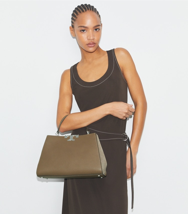 Tory Burch designer satchels Eleanor Pebbled Satchel in Wild Mushroom accessory on model