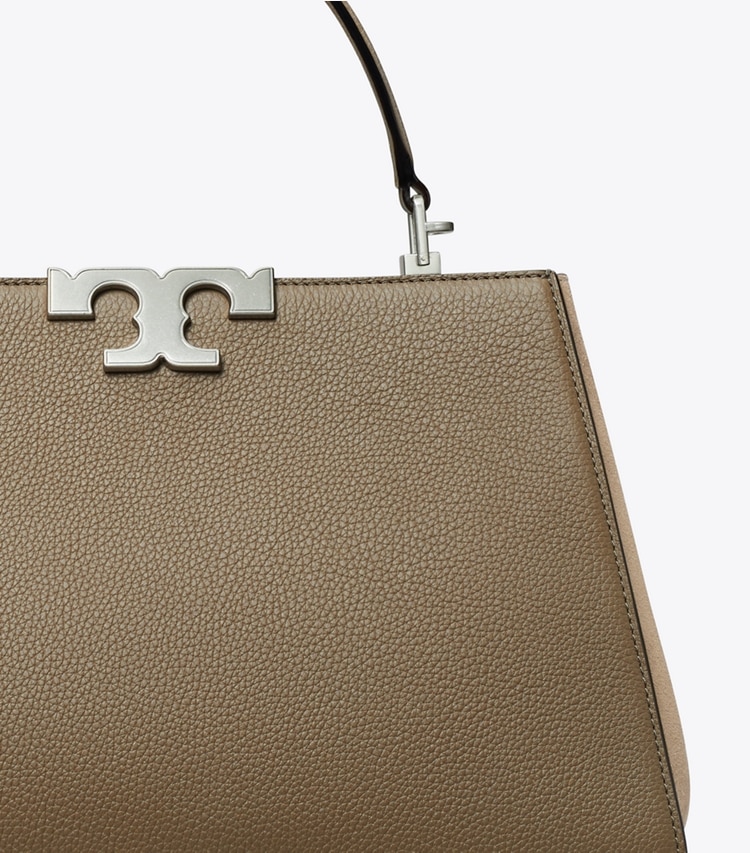 Tory Burch designer satchels Eleanor Pebbled Satchel in Wild Mushroom detail