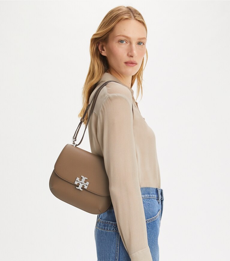 Tory Burch designer shoulder bags Eleanor Pebbled Slim Saddlebag in Wild Mushroom accessory on model