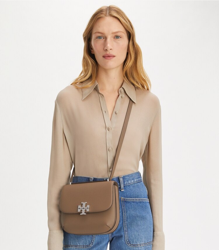 Tory Burch designer shoulder bags Eleanor Pebbled Slim Saddlebag in Wild Mushroom additional on model