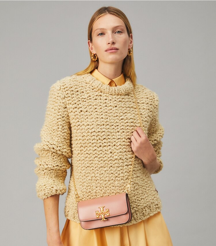 Tory Burch designer crossbody bags Eleanor Phone Crossbody in MEADOWSWEET accessory on model
