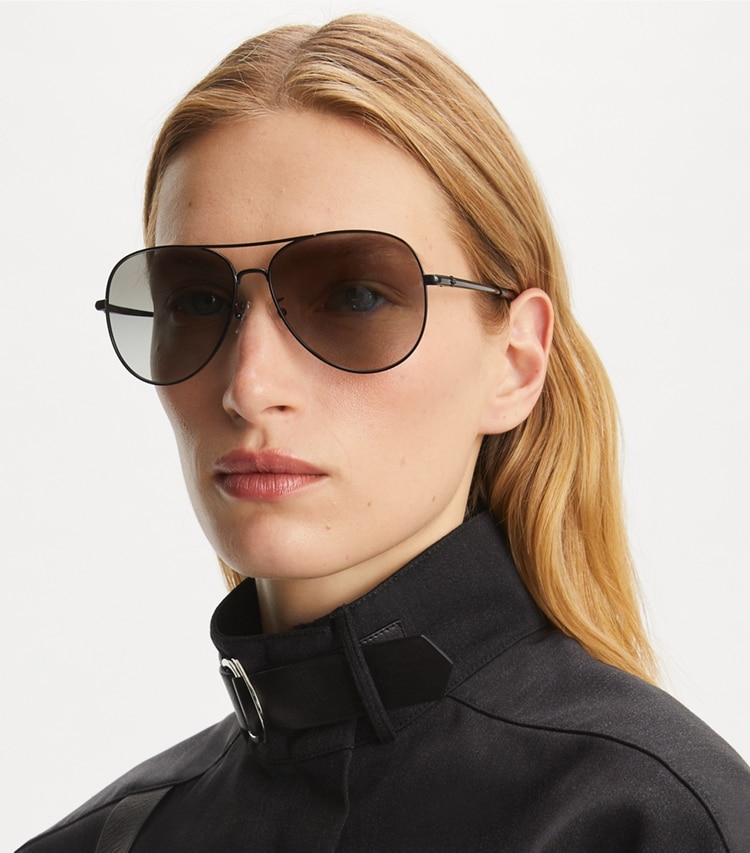 Tory Burch designer sunglasses & eyewear Eleanor Pilot Sunglasses in BLACK/GREY GRADIENT accessory on model