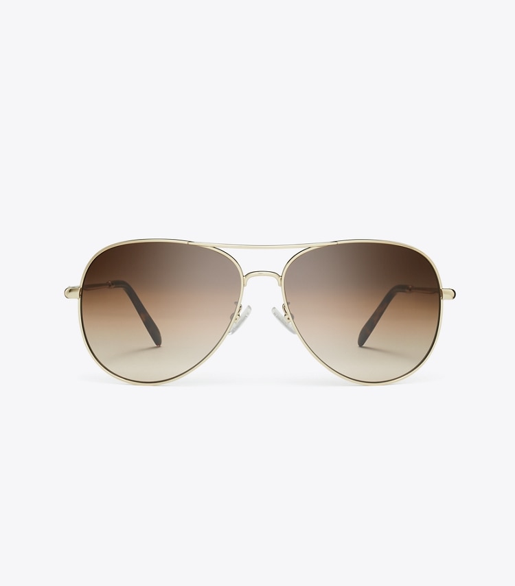 Tory Burch designer sunglasses & eyewear Eleanor Pilot Sunglasses in SHINY LIGHT GOLD/BROWN GRADIENT front