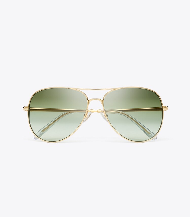 Tory Burch designer sunglasses & eyewear Eleanor Pilot Sunglasses in GOLD/GREEN GRADIENT overhead