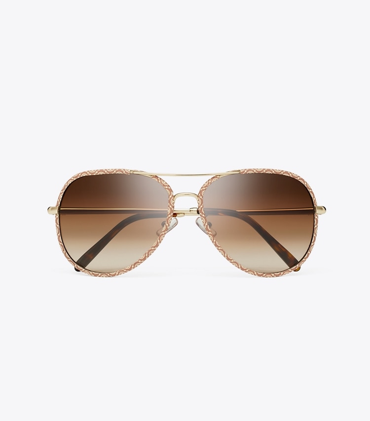 Tory Burch designer sunglasses & eyewear Eleanor Pilot Sunglasses in LIGHT GOLD/T MONOGRAM/BROWN GRADIENT overhead
