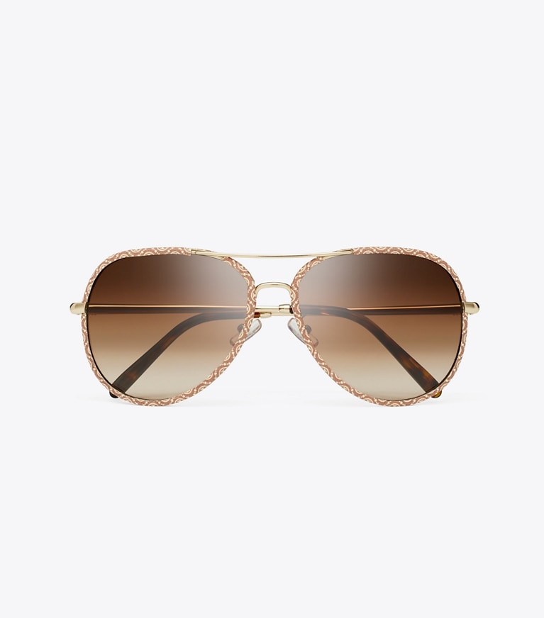 Tory Burch designer sunglasses & eyewear Eleanor Pilot Sunglasses in LIGHT GOLD/T MONOGRAM/BROWN GRADIENT overhead
