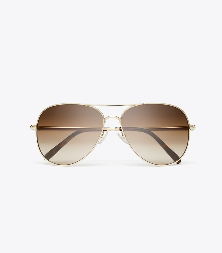 Tory Burch designer sunglasses & eyewear Eleanor Pilot Sunglasses in SHINY LIGHT GOLD/BROWN GRADIENT front