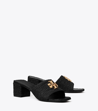 Tory Burch designer sandals Eleanor Raffia Heeled Sandal in BLACK / GOLD angle