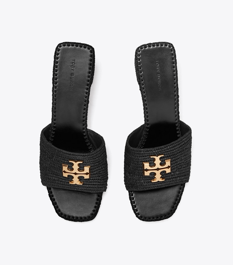 Tory Burch designer sandals Eleanor Raffia Heeled Sandal in BLACK / GOLD overhead