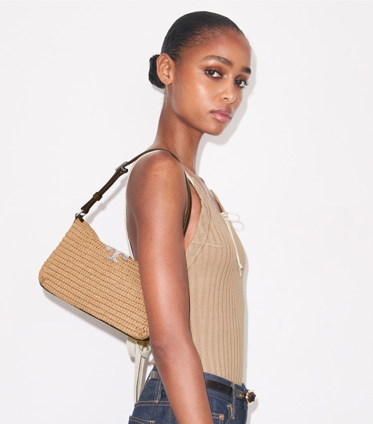 Tory Burch designer shoulder bags Eleanor Raffia Slim Shoulder Bag in Honeycomb accessory on model