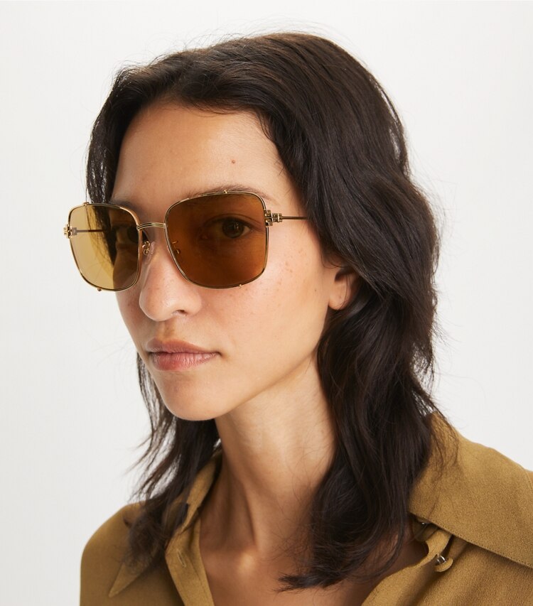 Tory Burch designer sunglasses & eyewear Eleanor Rectangle Sunglasses in SHINY ROSE GOLD/LIGHT PURPLE BROWN MRROR accessory on model