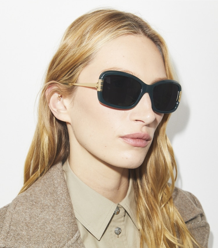 Tory Burch designer sunglasses & eyewear Eleanor Rectangle Sunglasses in DARK GREEN/DARK GREY accessory on model