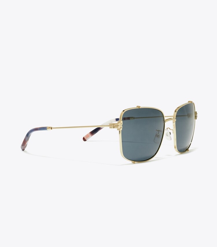 Tory Burch designer sunglasses & eyewear Eleanor Rectangle Sunglasses in SHINY LIGHT GOLD/DARK GREY detail