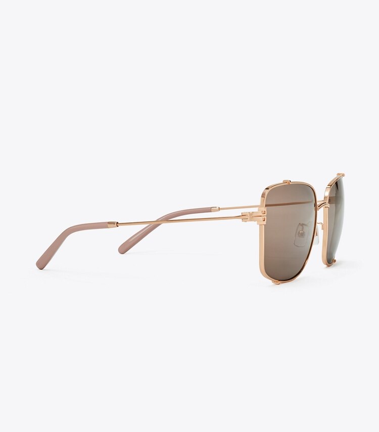 Tory Burch designer sunglasses & eyewear Eleanor Rectangle Sunglasses in SHINY ROSE GOLD/LIGHT PURPLE BROWN MRROR detail
