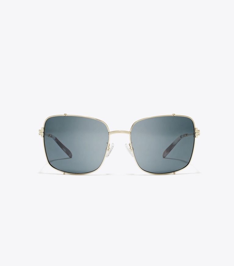 Tory Burch designer sunglasses & eyewear Eleanor Rectangle Sunglasses in SHINY LIGHT GOLD/DARK GREY front
