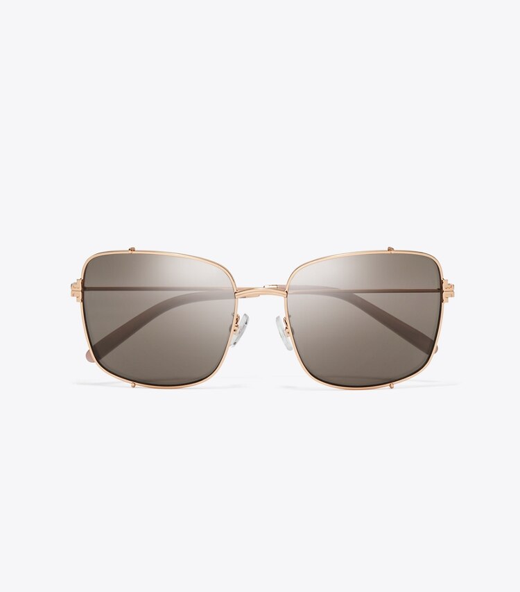 Tory Burch designer sunglasses & eyewear Eleanor Rectangle Sunglasses in SHINY ROSE GOLD/LIGHT PURPLE BROWN MRROR overhead