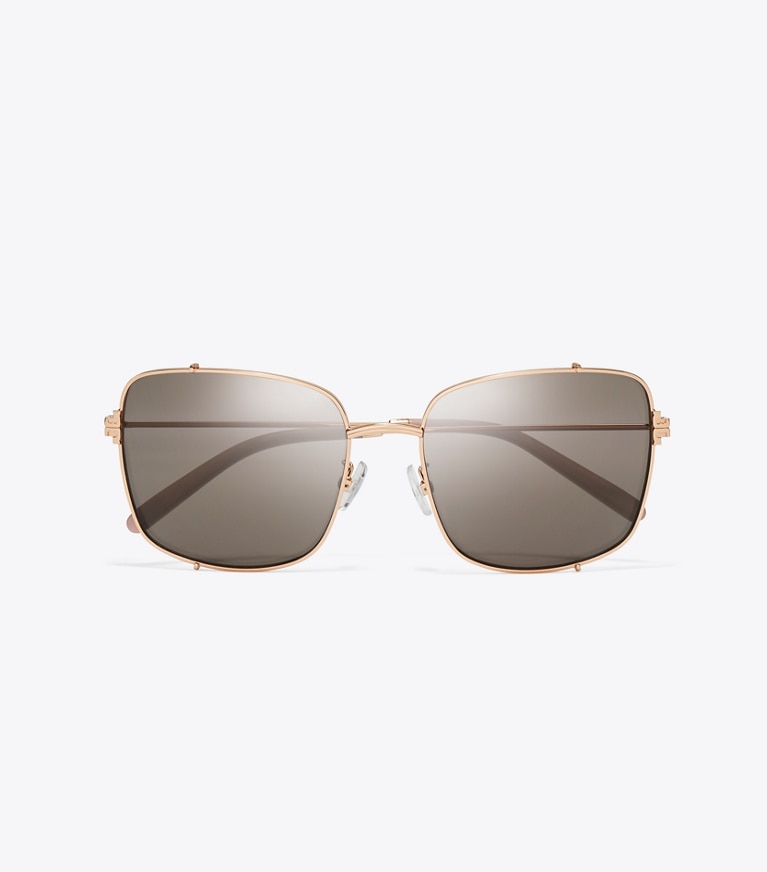 Tory Burch designer sunglasses & eyewear Eleanor Rectangle Sunglasses in SHINY ROSE GOLD/LIGHT PURPLE BROWN MRROR front