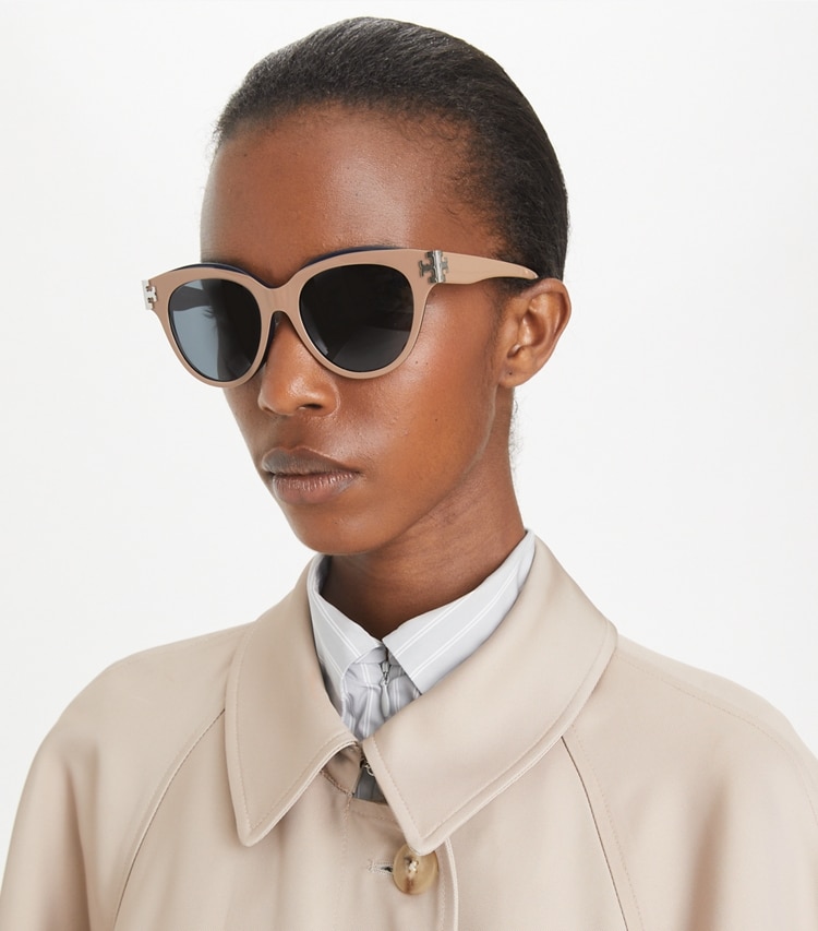 Tory Burch designer sunglasses & eyewear Eleanor Round Sunglasses in NAVY/BROWN/DARK GREY accessory on model