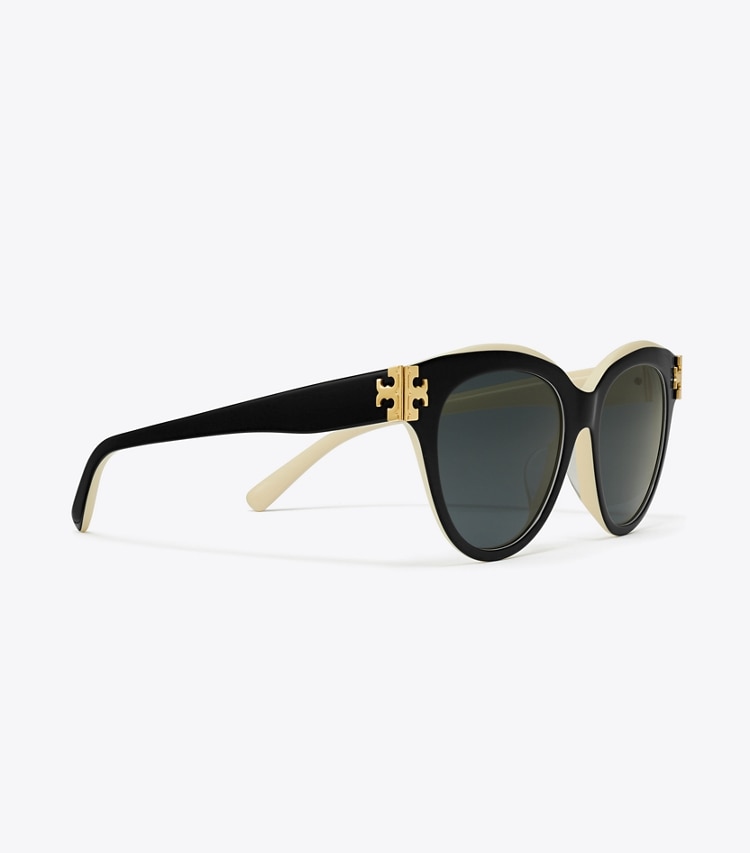 Tory Burch designer occhiali da vista & da sole Eleanor Round Sunglasses in BLACK/IVORY/DARK GREY SOLID dettaglio
