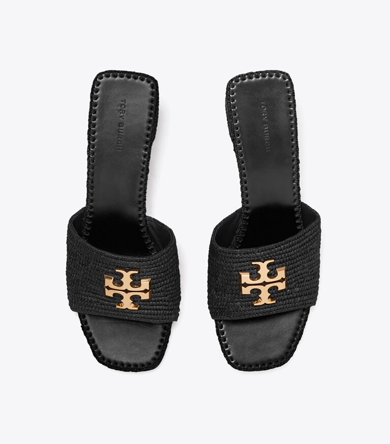 Tory Burch designer sandalen Eleanor Sandalette aus Raffiabast in BLACK / GOLD von oben