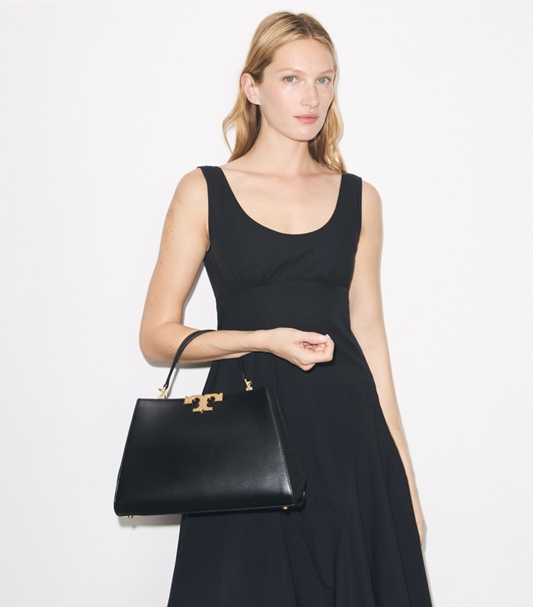 Tory Burch designer satchels Eleanor Satchel in Black accessory on model