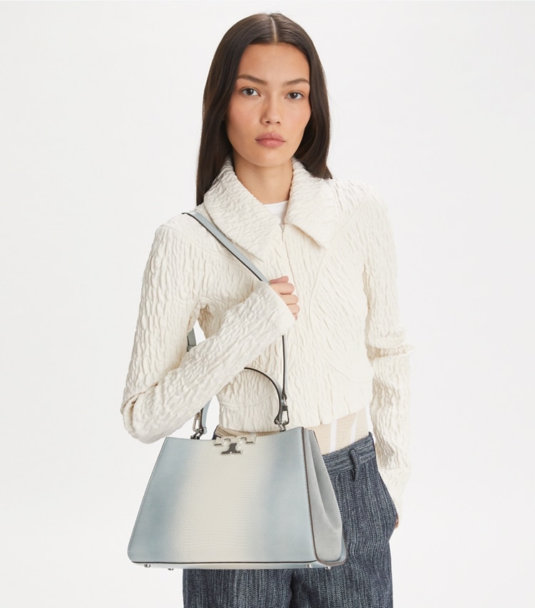 Tory Burch designer satchels Eleanor Satchel in Blanc accessory on model