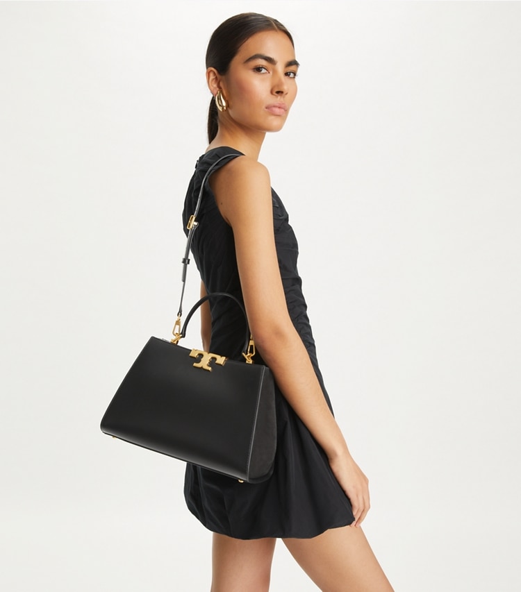 Tory Burch designer satchels Eleanor Satchel in Black additional on model