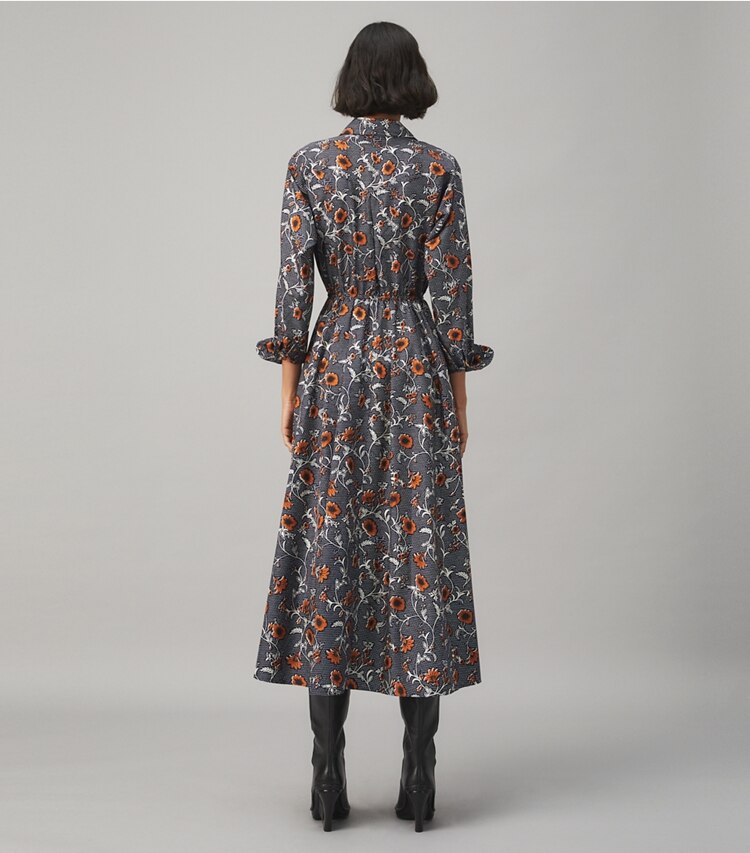 Tory Burch designer dresses Eleanor Silk Twill Dress in  RETRO BLOCK PRINT on model back