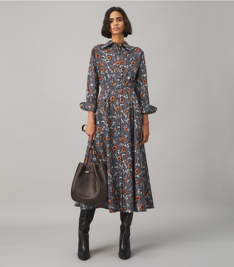 Tory Burch designer dresses Eleanor Silk Twill Dress in  RETRO BLOCK PRINT on model front
