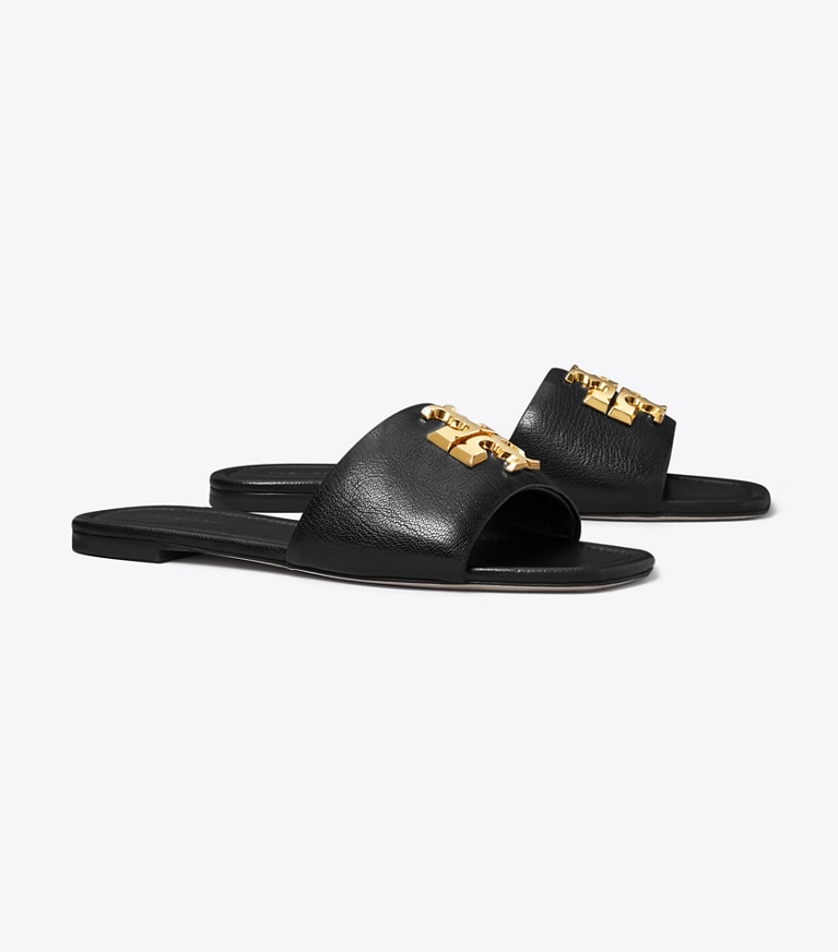 Tory Burch designer sandals Eleanor Slide in PERFECT BLACK / GOLD angle