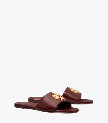Tory Burch designer sandals Eleanor Slide in DARK CARMINE / GOLD angle