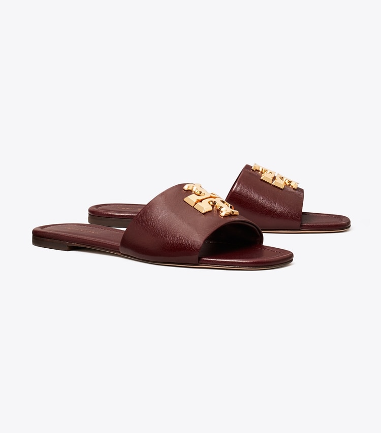 Tory Burch designer sandals Eleanor Slide in DARK CARMINE / GOLD angle